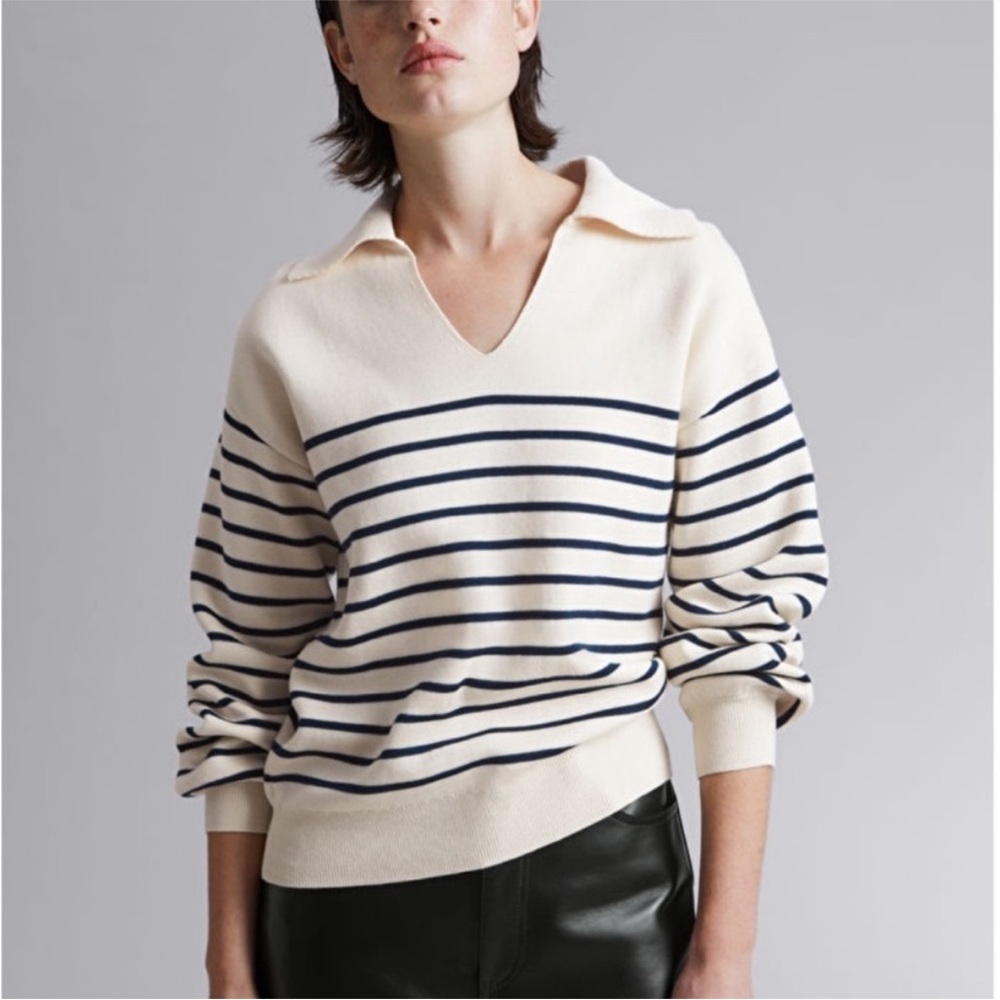 & Other Stories Striped V-Neck Sweater in Cream and Navy